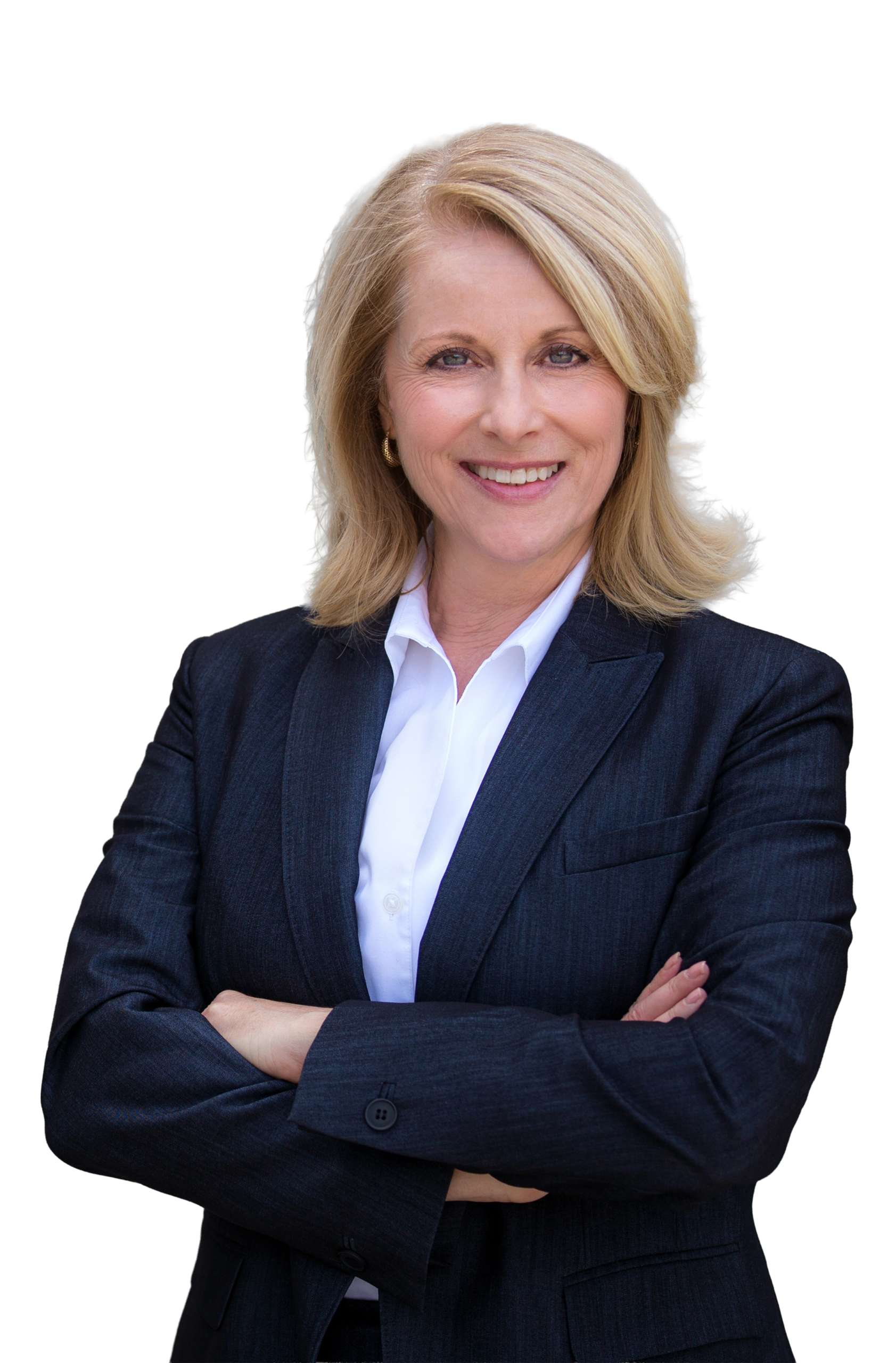 Female fitness executive, well dressed and confident, arms crossed smiling