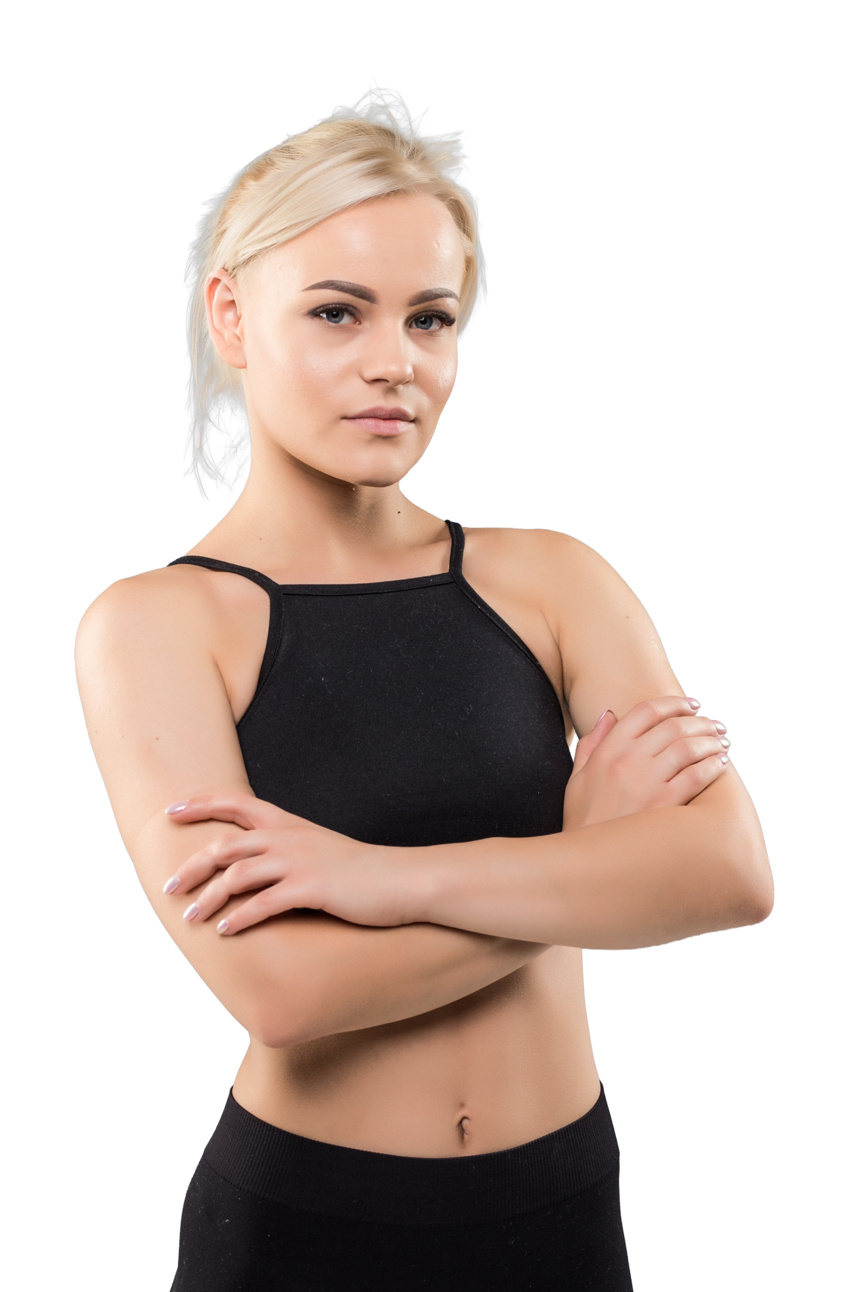 Female fitness trainer, serious and professional, representing fitness industry talent