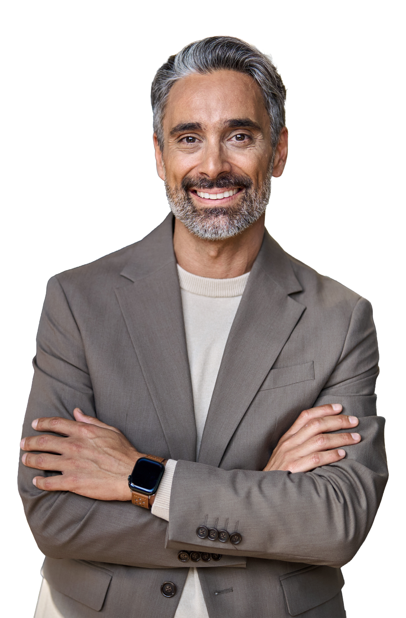 Executive fitness staffing professional, bearded male leader smiling with arms crossed