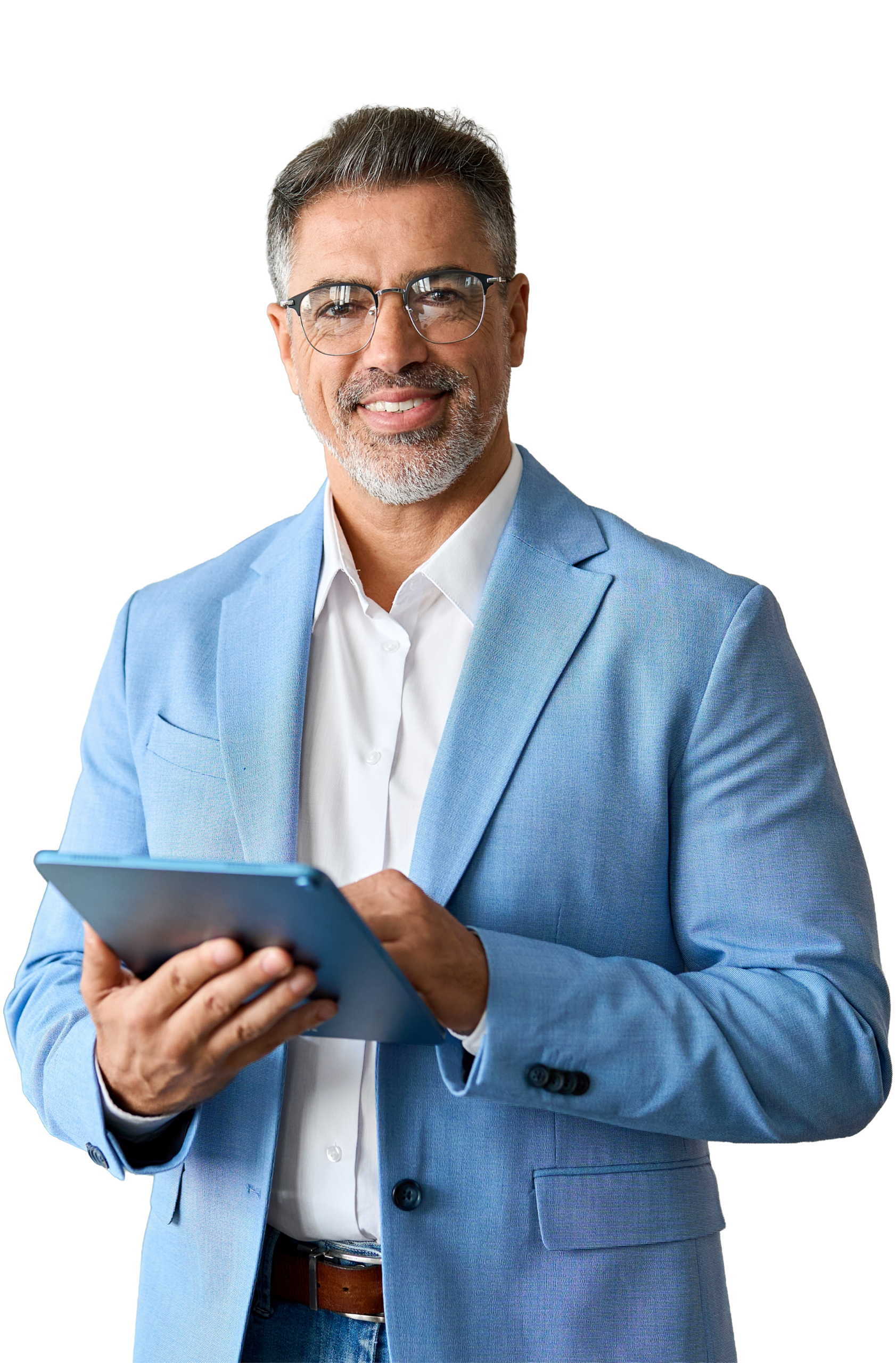 Executive fitness staffing placement, male in blue suit with tablet and glasses