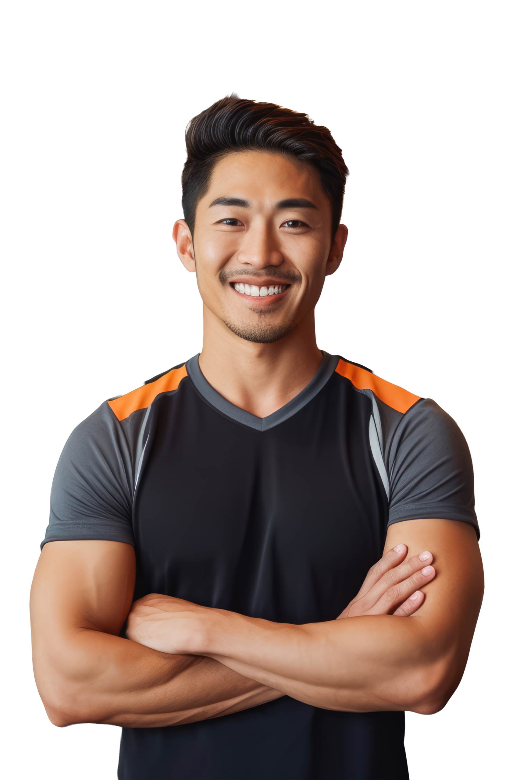 Fitness industry professional, male in athletic wear, happy with arms crossed